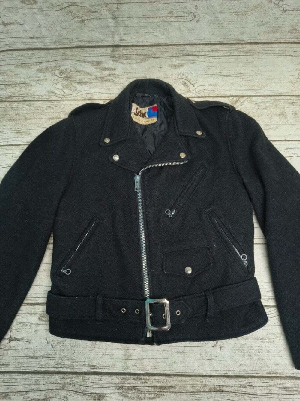 Schott Perfecto Black Motorcycle Wool Blend Biker Belted Jacket Made in USA 40
